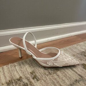 Zara White Embroidered Slingback Heels